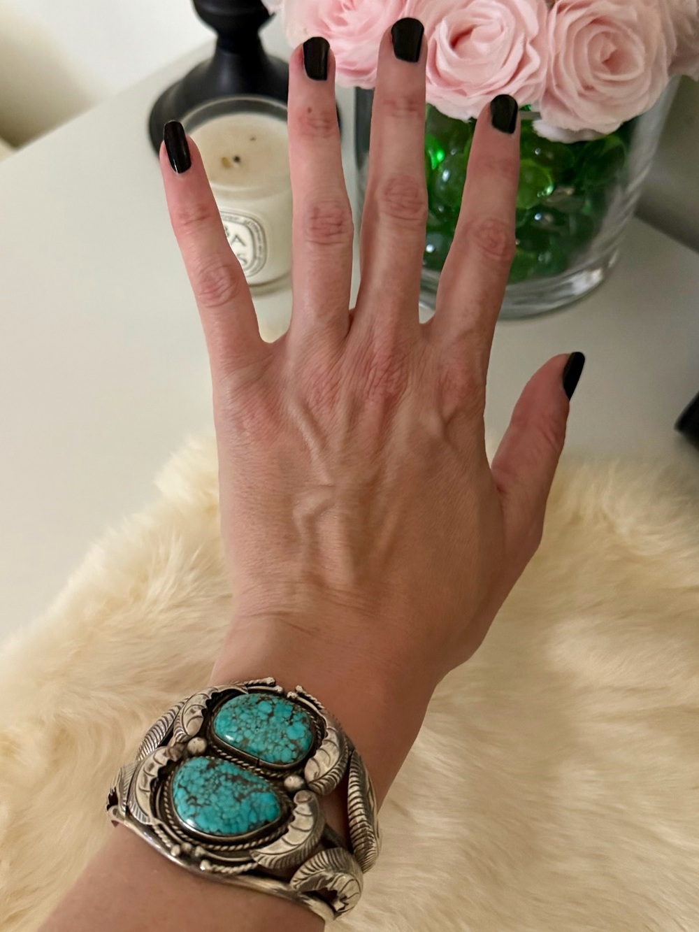 Vintage Navajo Dinè Double Turquoise Sterling Silver Cuff Bracelet Signed Ivan V